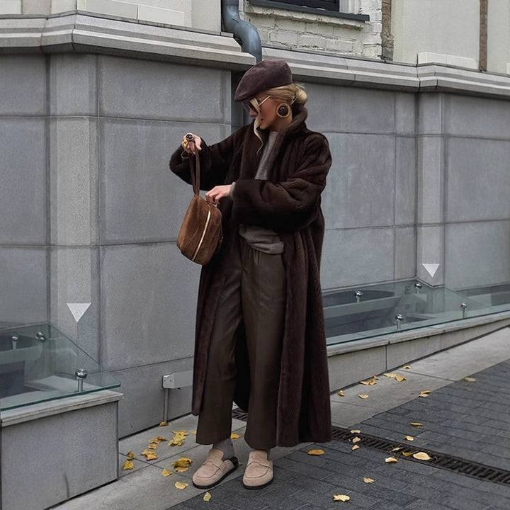 Women Long Faux Fur Coat with Stand-Up Collar and Oversized Fit Mune Fashion