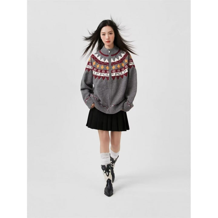 Women Casual Knit Zip Jacket with Jacquard Yoke and Ribbed Cuffs Mune Fashion
