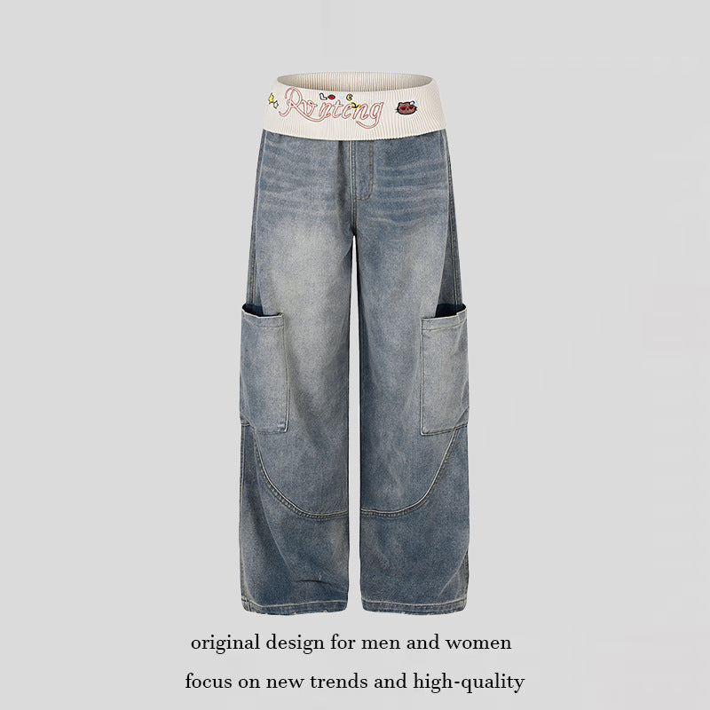 Women's Wide Denim Palazzo Cargo Pants with Comfort Ribbed Waistband and Patch Pockets Mune Fashion