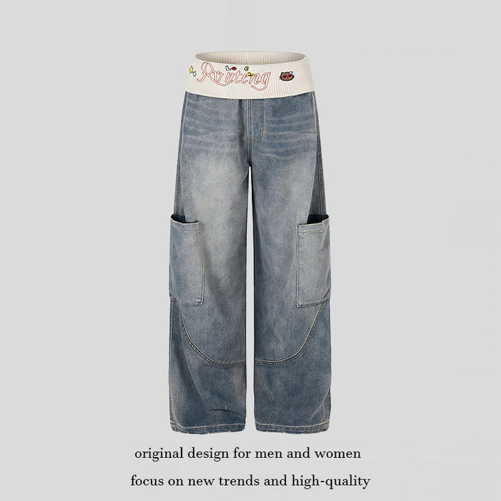 Women's Wide Denim Palazzo Cargo Pants with Comfort Ribbed Waistband and Patch Pockets Mune Fashion