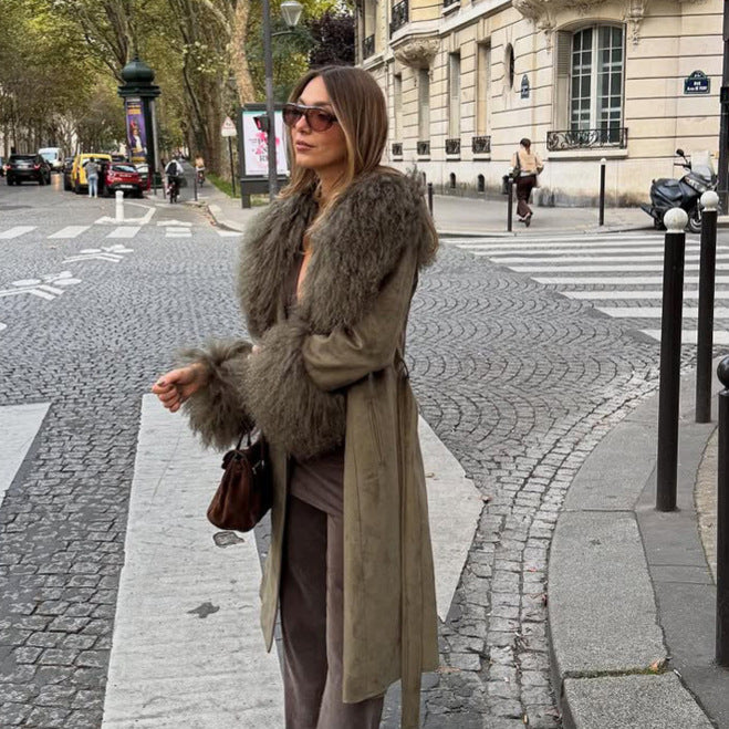 Women's Midi Length Tied Coat in Suede Look with Oversized Fur Collar and Voluminous Fur Cuffs Mune Fashion
