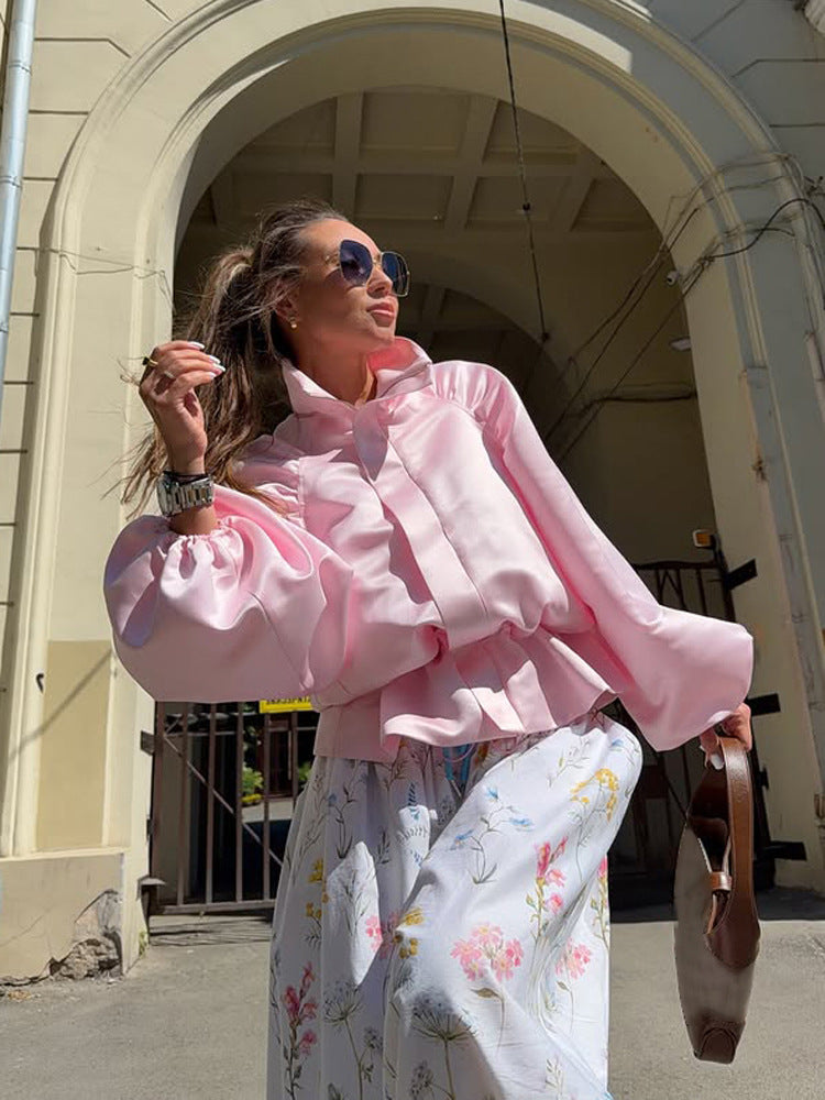 Women's satin blouse jacket with voluminous balloon sleeves, stand-up collar and fitted placket Mune Fashion