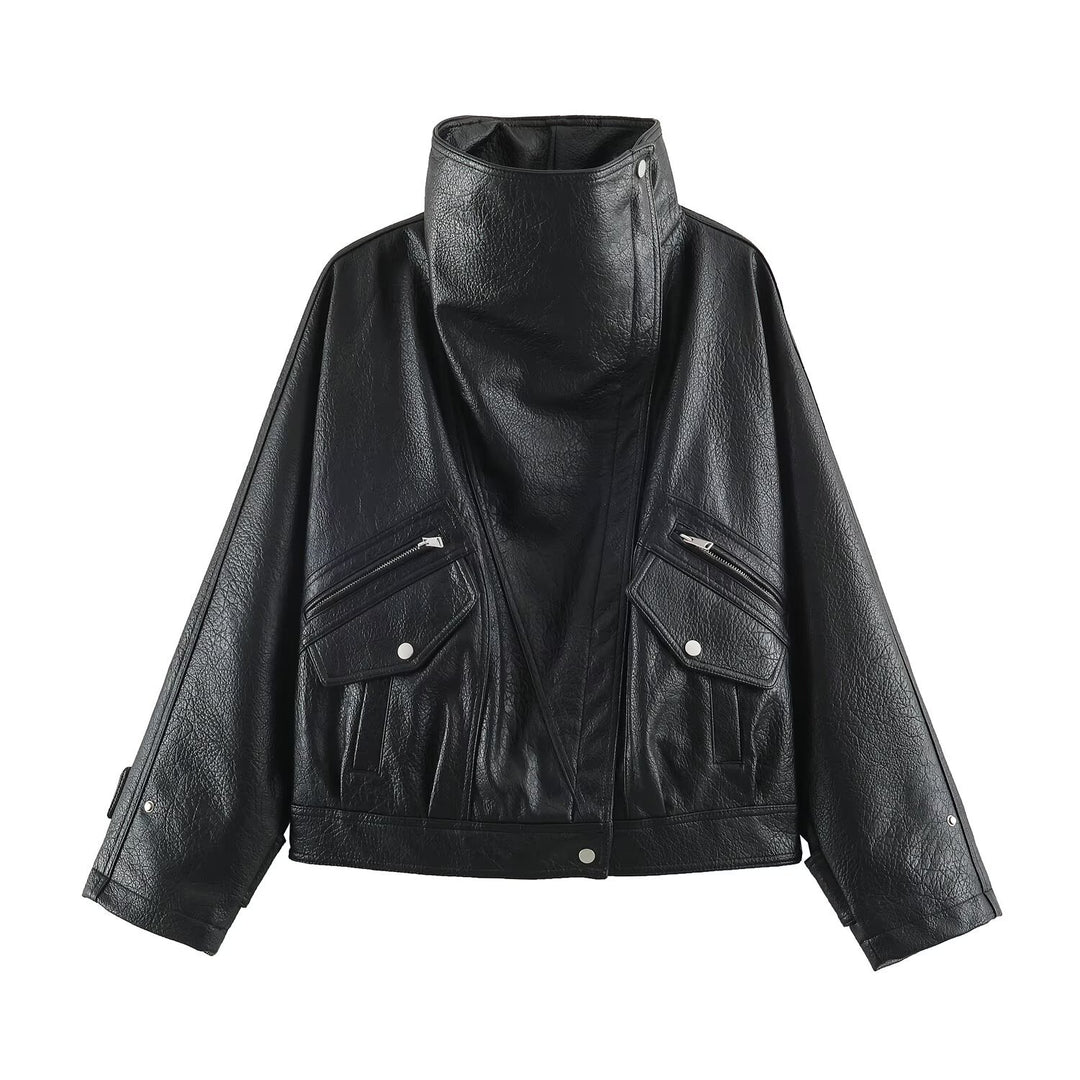 Women's Oversized Faux Leather Cape Jacket with High Standing Collar and Flap Pockets Mune Fashion