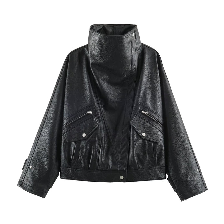 Women's Oversized Faux Leather Cape Jacket with High Standing Collar and Flap Pockets Mune Fashion