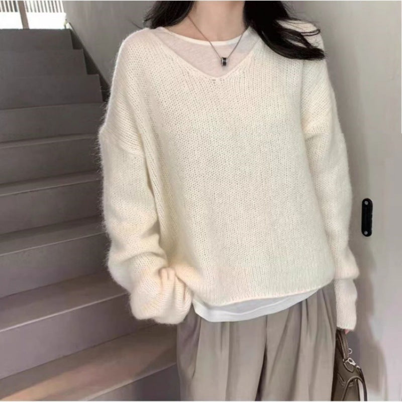 Women Oversize V-neck Mohair-look Pullover with Angora-look and dropped shoulder Mune Fashion