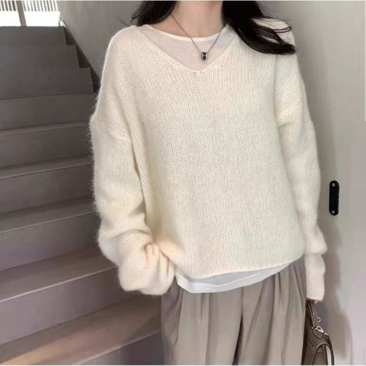 Women Oversize V-neck Mohair-look Pullover with Angora-look and dropped shoulder Mune Fashion