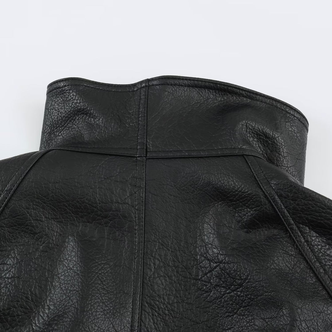 Women's Oversized Faux Leather Cape Jacket with High Standing Collar and Flap Pockets Mune Fashion