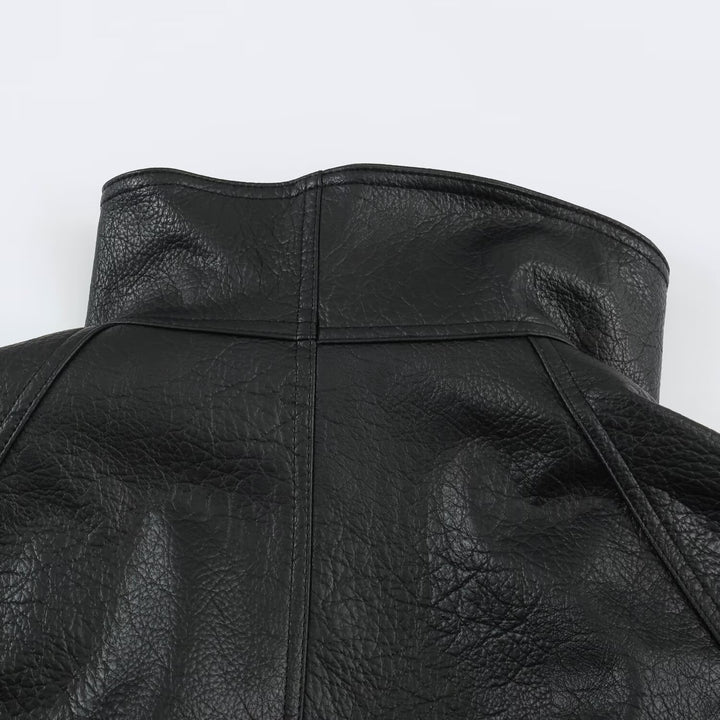 Women's Oversized Faux Leather Cape Jacket with High Standing Collar and Flap Pockets Mune Fashion