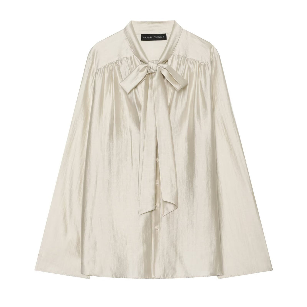 Women's Soft Sweater Blouse with Bow Collar, Gathered Insert and Loose Fit Mune Fashion