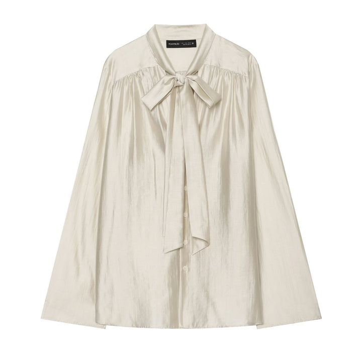 Women's Soft Sweater Blouse with Bow Collar, Gathered Insert and Loose Fit Mune Fashion