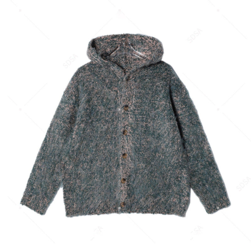 Women's Fluffy Hooded Cardigan with Button Placket and Mélange Bouclé Look Mune Fashion