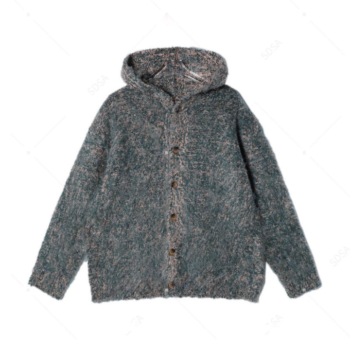 Women's Fluffy Hooded Cardigan with Button Placket and Mélange Bouclé Look Mune Fashion