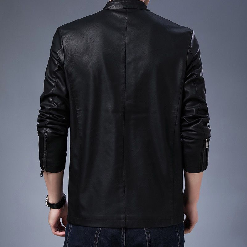 Men's Slim Fit Faux Leather Blouson with Stand Collar and Concealed Zipper Mune Fashion