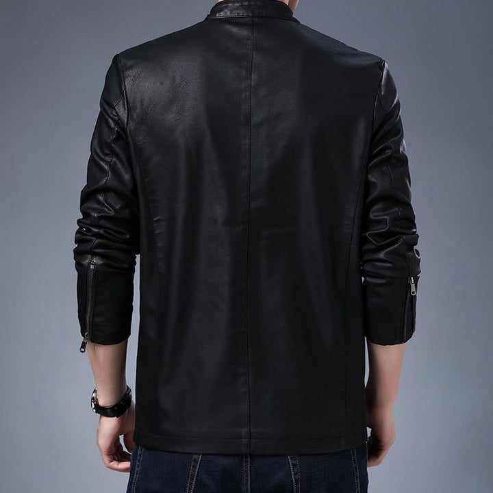 Men's Slim Fit Faux Leather Blouson with Stand Collar and Concealed Zipper Mune Fashion