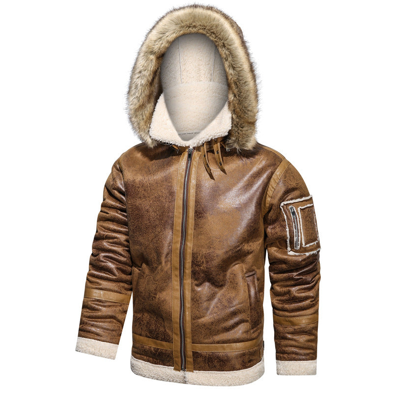 Men's Vintage Lambskin Flight Jacket with Hood and Teddy Lining Mune Fashion