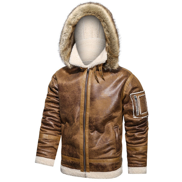 Men's aviator jacket made of vintage leather look with teddy lining and hood Mune Fashion
