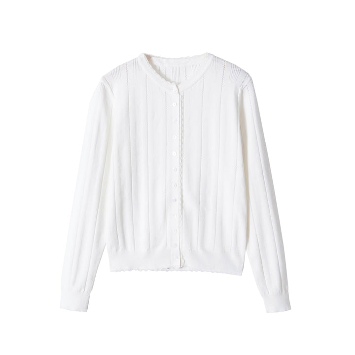 Women Cropped Fine Knit Cardigan with Hole Stripes, Round Neck and Decorative Button Placket Mune Fashion