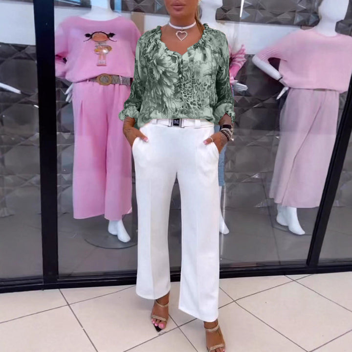 Women's light satin blouse with animal and floral print, ruffled collar, V-neck and cuffed sleeves Mune Fashion