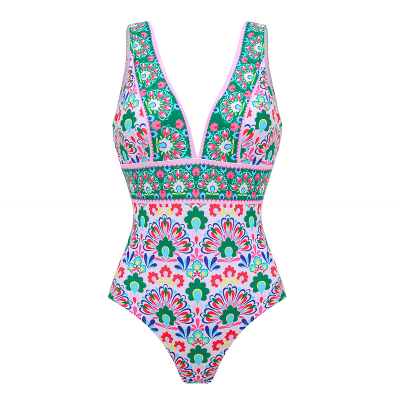 Women's swimsuit with continuous floral pattern and matching wrap skirt Mune Fashion