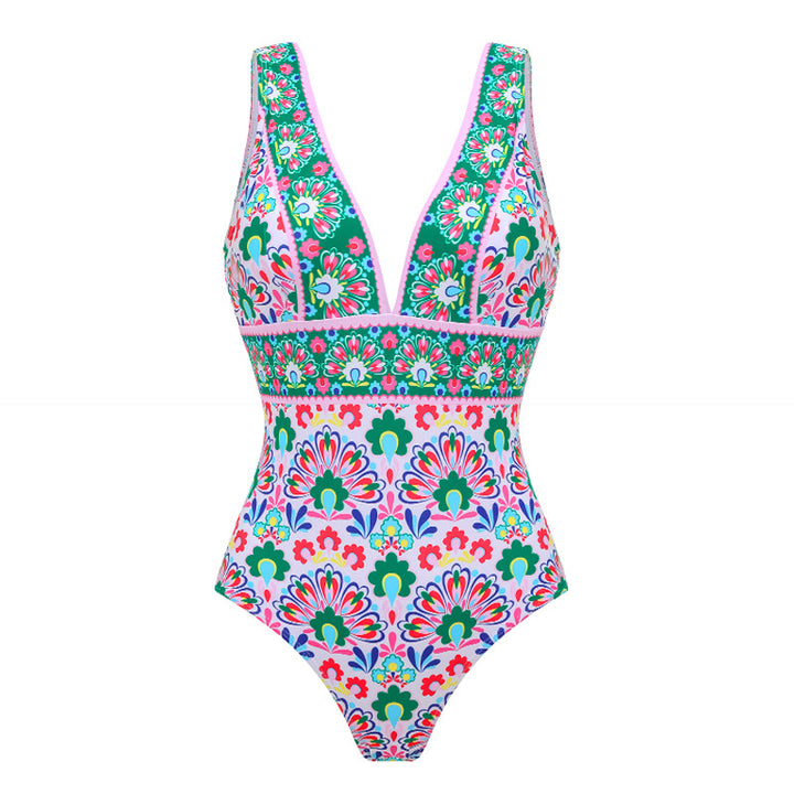Women's swimsuit with continuous floral pattern and matching wrap skirt Mune Fashion