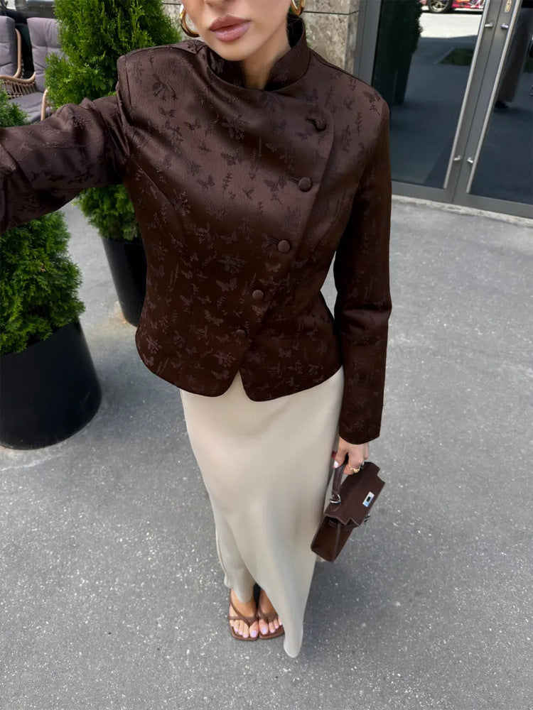 Women's Tailored Jacquard Blazer with Overlapping Lapels and Decorative Buttons Mune Fashion