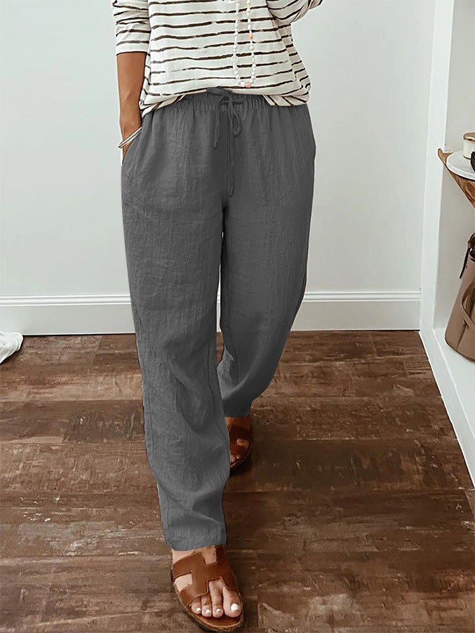 Women's lightweight linen look pants with elastic drawstring, front pockets and wide leg Mune Fashion