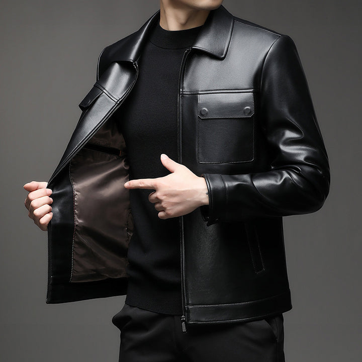 Men's Smooth Leather Jacket in Classic Shirt Collar Style with Concealed Zipper and Patch Chest Pockets Mune Fashion