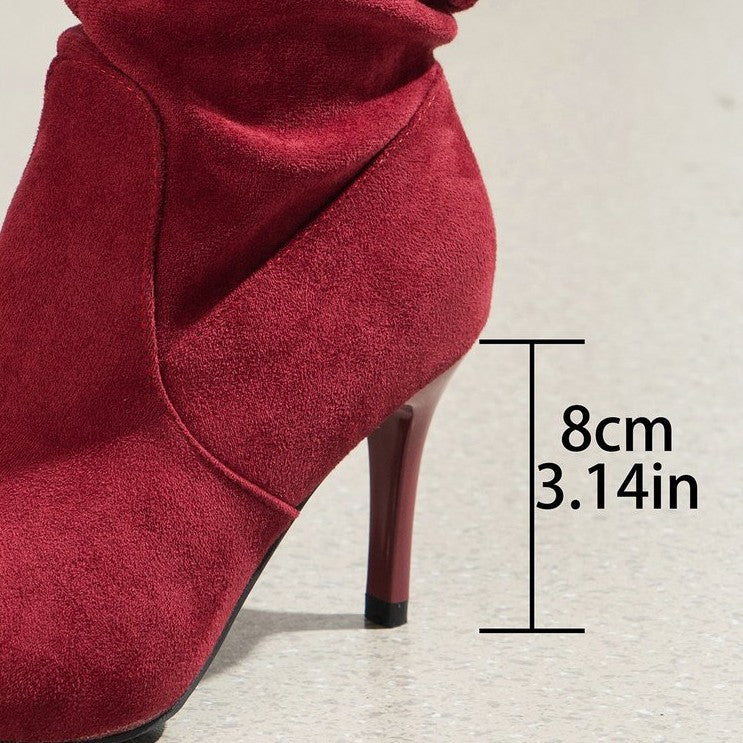 Ladies Ruched Knee-high Velour Boots with Pointed Toe and Sleek Stiletto Heel Mune Fashion