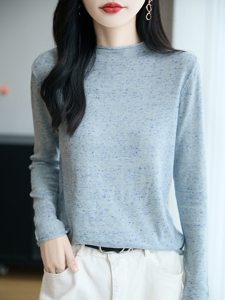 Women's Minimalist Nep Knit Long Sleeve with Short Stand-Up Collar Mune Fashion