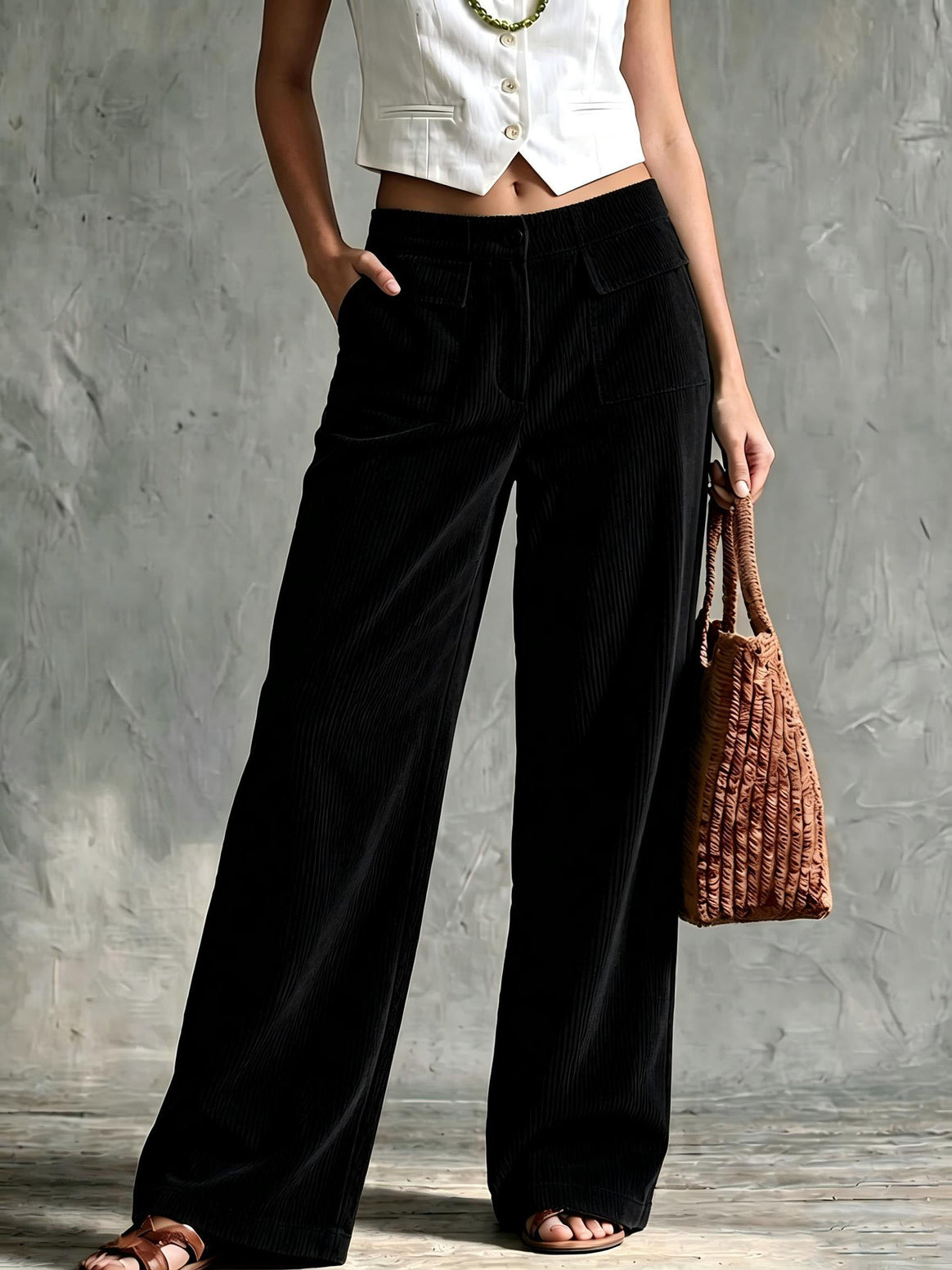 Women's Wide Cord Palazzo Pants with High Waist and Flap Pockets Mune Fashion
