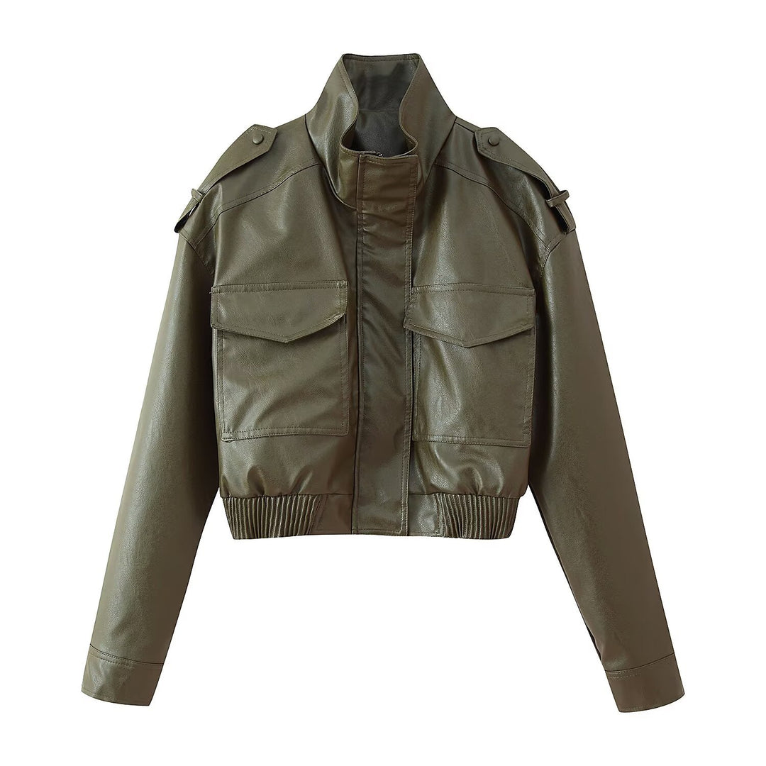 Women Short-Cut Leather Bomber with High Stand Collar, Shoulder Straps and Flap Pockets Mune Fashion