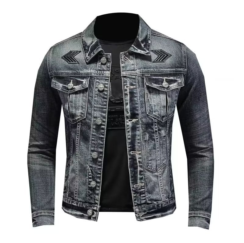 Men's jeans jacket with used wash, press stud chest pockets and discreet Mune Fashion embroidery.