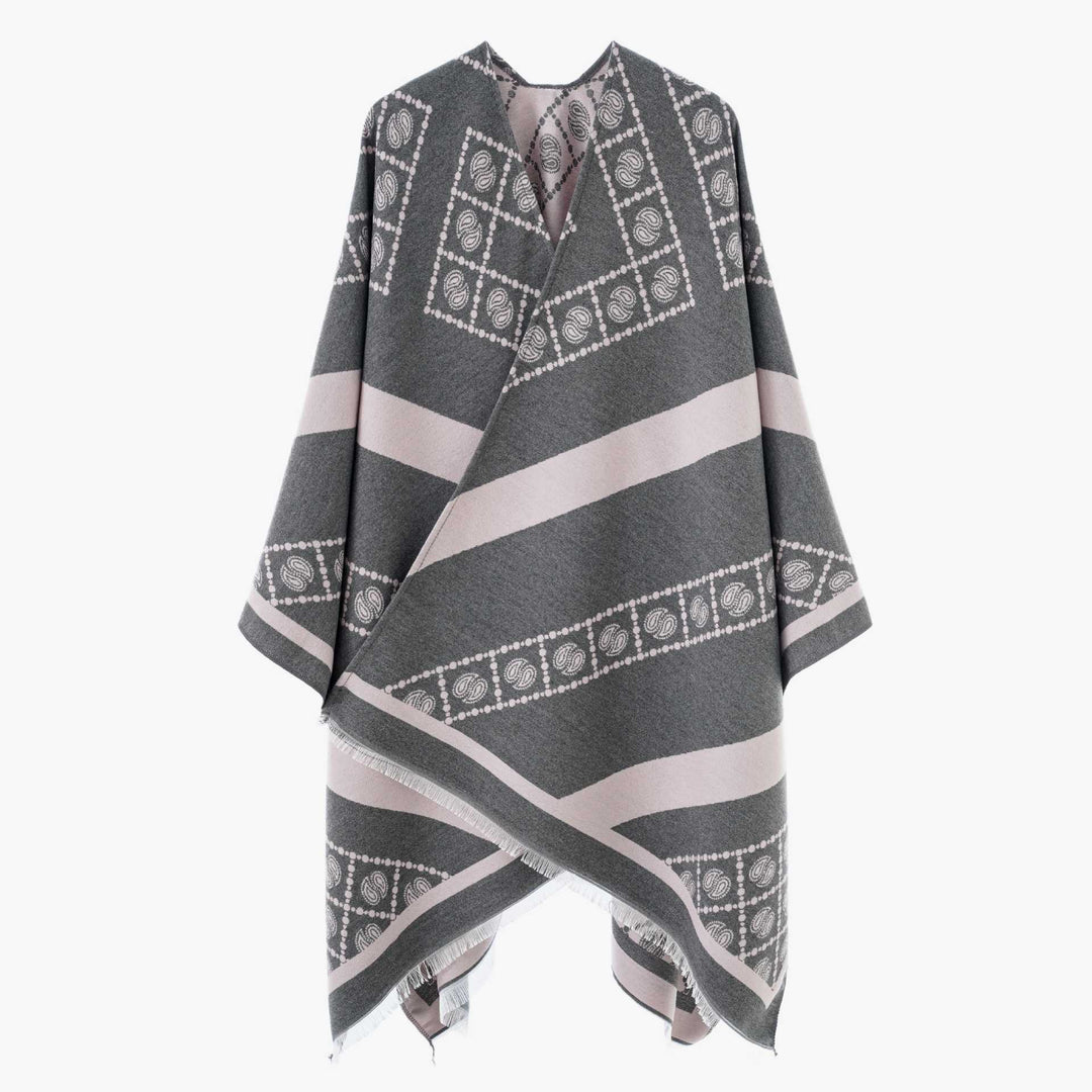Women's jacquard cape-style wrap with paisley trim and fringes Mune Fashion