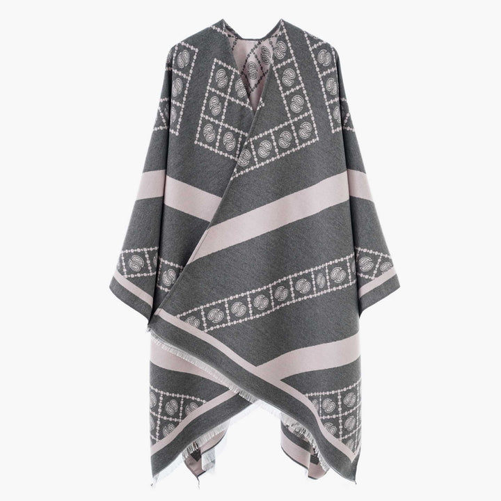 Women's jacquard cape-style wrap with paisley trim and fringes Mune Fashion