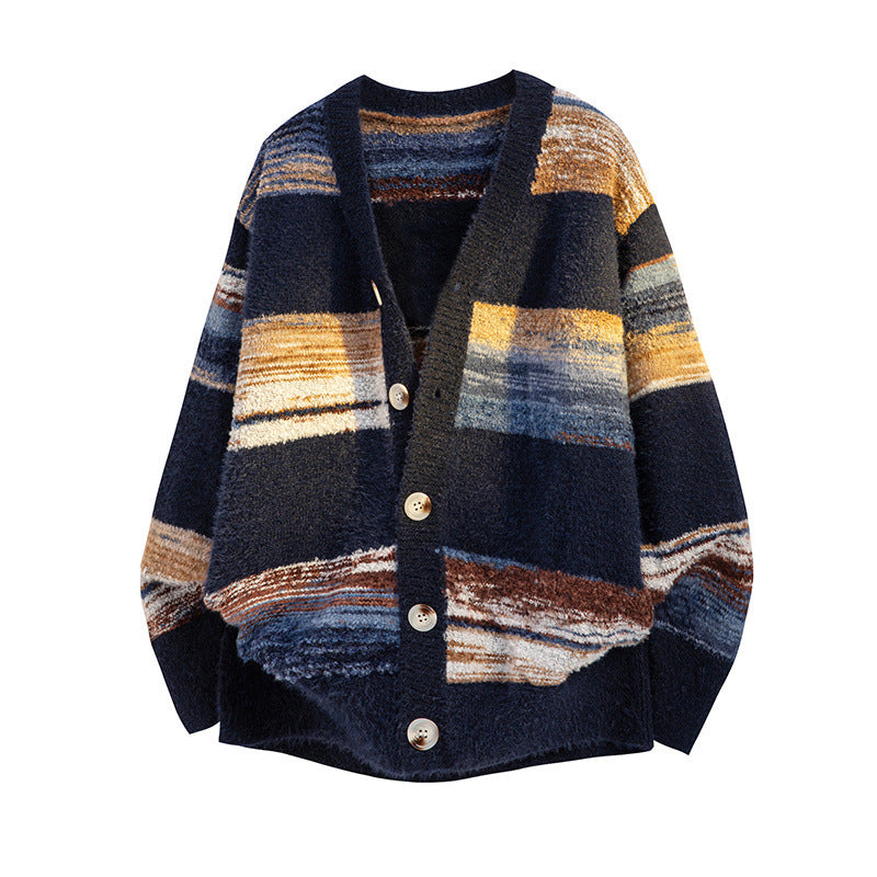 Ladies Fashionable Knitted Cardigan with Block Stripes Mune Fashion