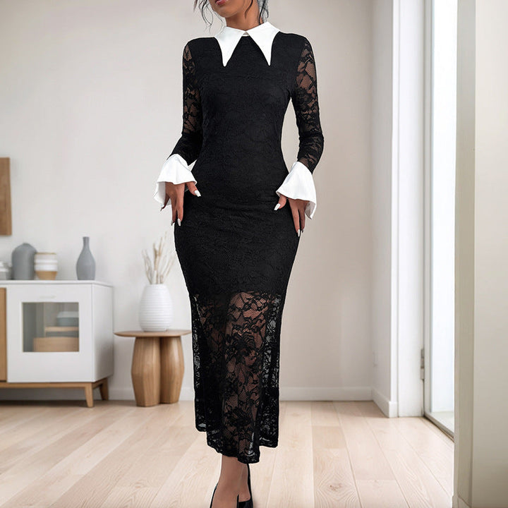 Women Figure-hugging Midi Lace Dress with Contrasting Shirt Collar Mune Fashion