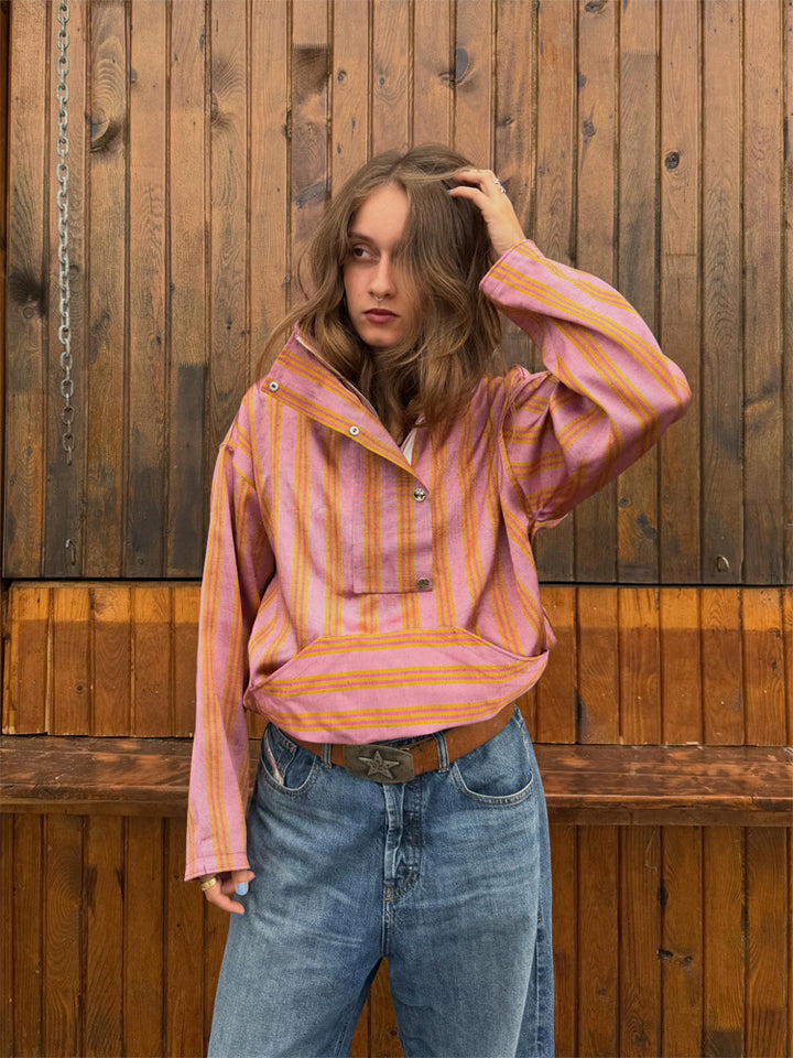 Women Oversized Stripe Sweater with Half Zipper, Stand Collar and Kangaroo Pocket Mune Fashion