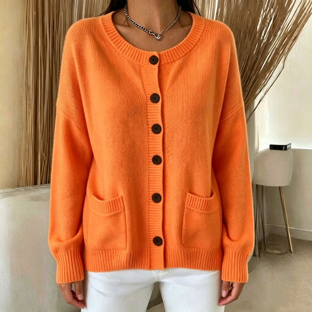 Women Button Cardigan with Round Neck, Patch Pockets and Raglan Sleeves Mune Fashion