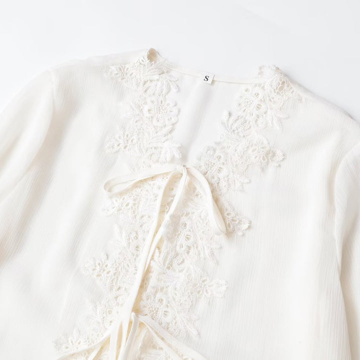 Women’s Boho Lace Blouse with Ruffles, Long Ruffled Sleeves, and Ties Mune Fashion
