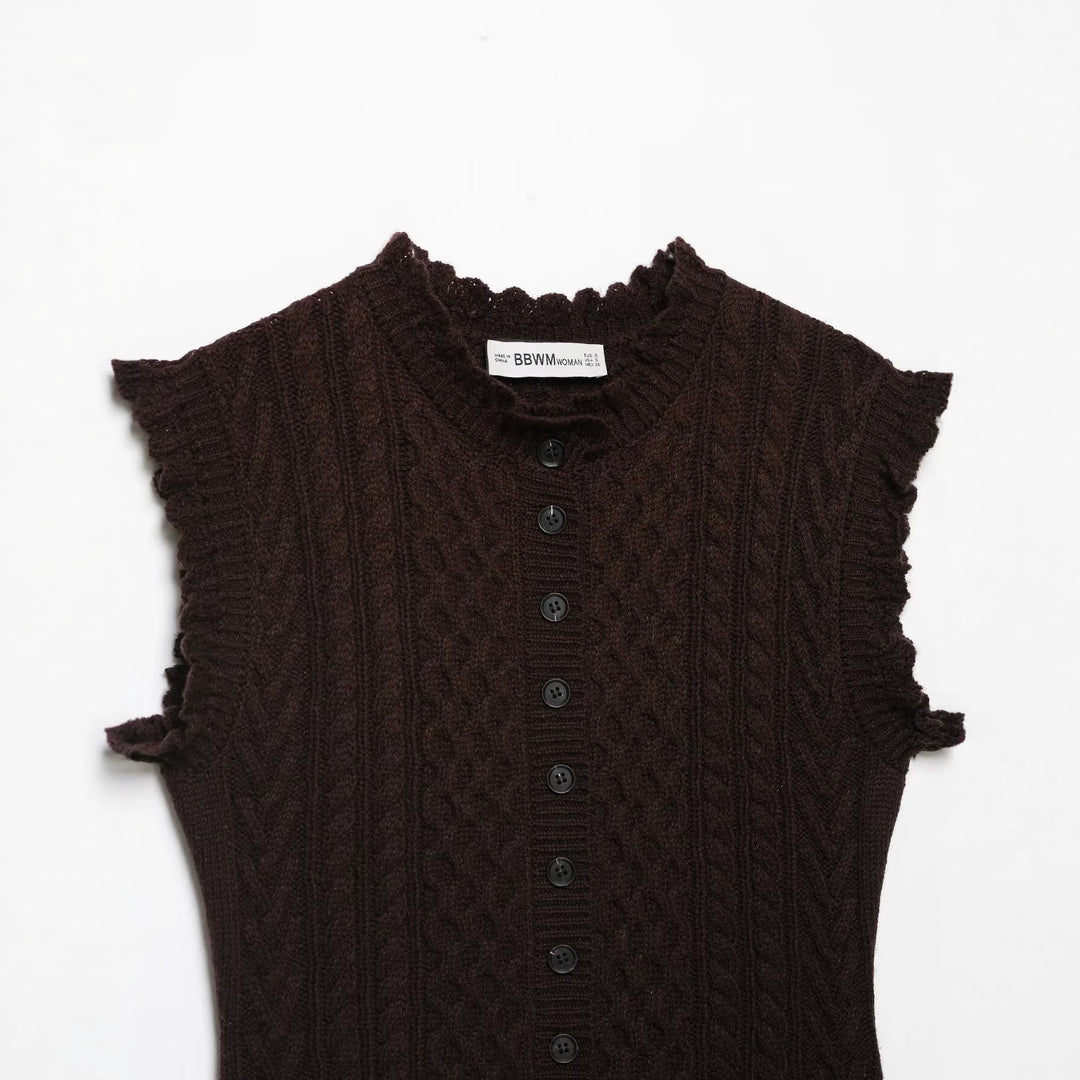 Women's Sleeveless Cable Knit Vest with Button Placket and Ruffled Hem Mune Fashion