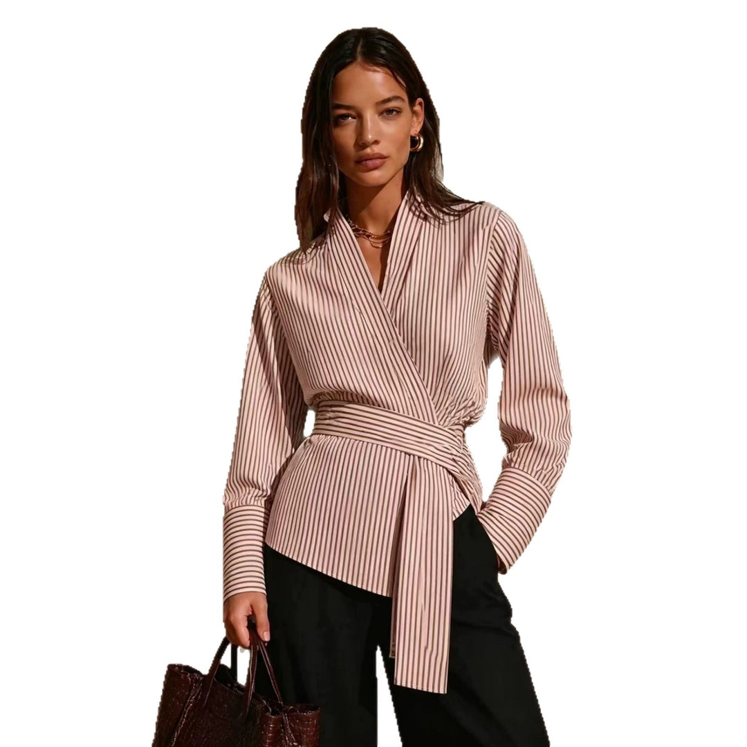 Women Elegant Wrap Top with Stripes Mune Fashion