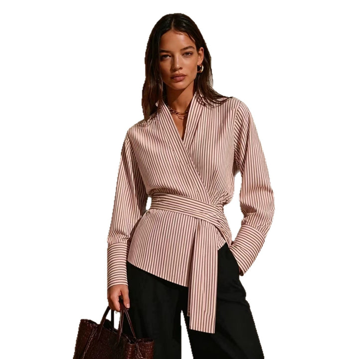 Women Elegant Wrap Top with Stripes Mune Fashion