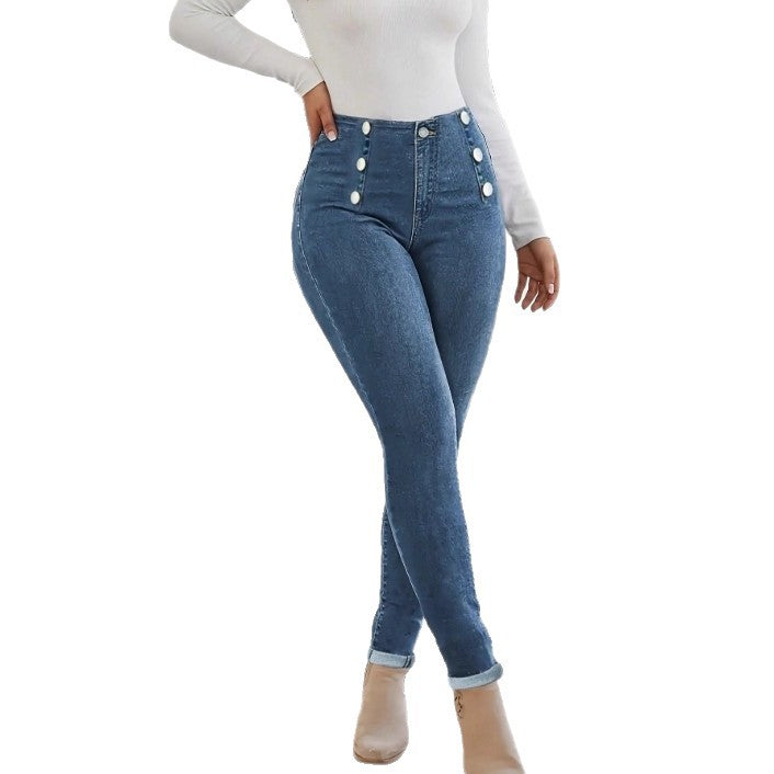 Women's High-waisted, figure-shaping Skinny Jeans with double decorative button placket Mune Fashion