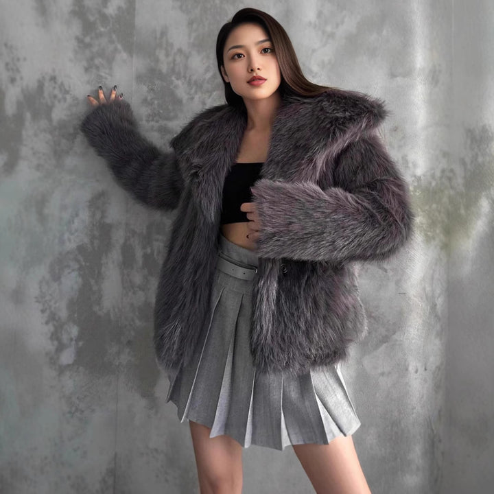 Women Short Faux Fur Jacket with Voluminous Shawl Collar Mune Fashion
