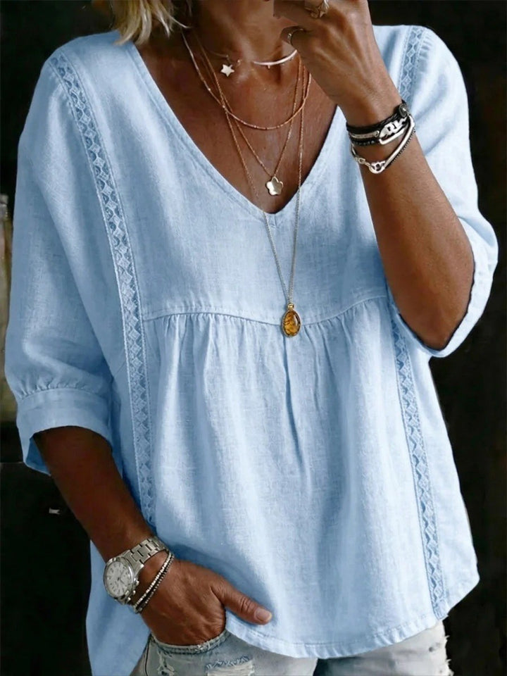 Women Loose V-Neck Linen Blouse with Lace and 3/4 Sleeves Mune Fashion