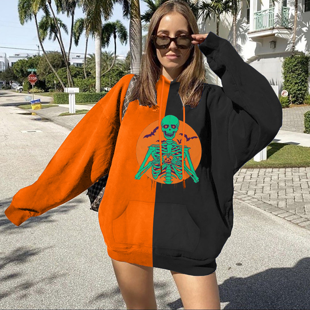 Women's Oversized Hoodie with Halloween Pumpkin Print and Kangaroo Pocket Mune Fashion