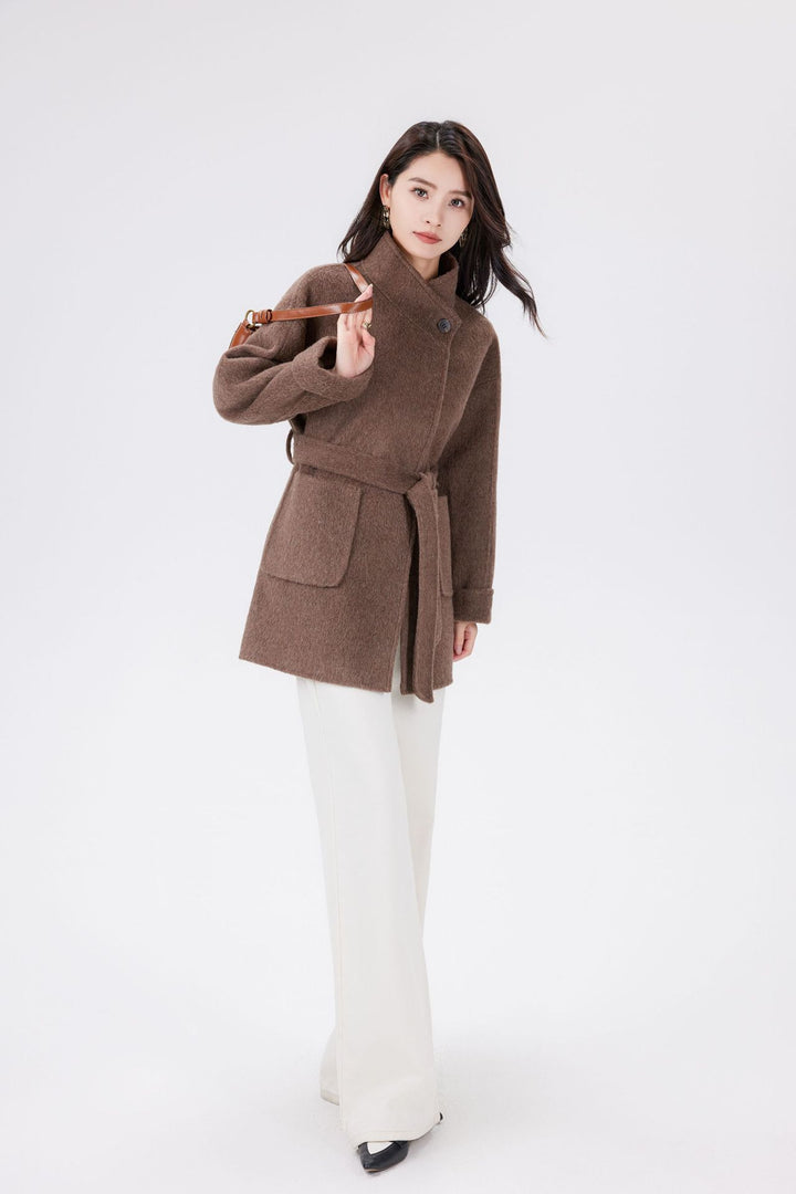 Women's Short Wrap Wool Coat with High Button Placket and Patch Pockets Mune Fashion