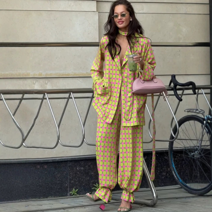 Women Two-Piece Silk Look Suit Set with Oversized Blazer, Wide Pleated Pants & Matching Tube Scarf Mune Fashion