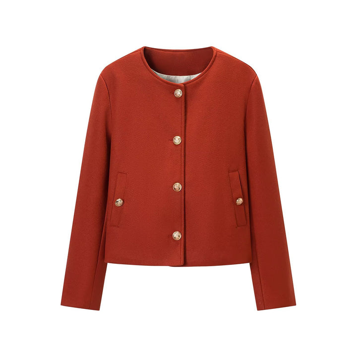 Women’s short jacket in boxy cut with round neck and gold decorative buttons Mune Fashion