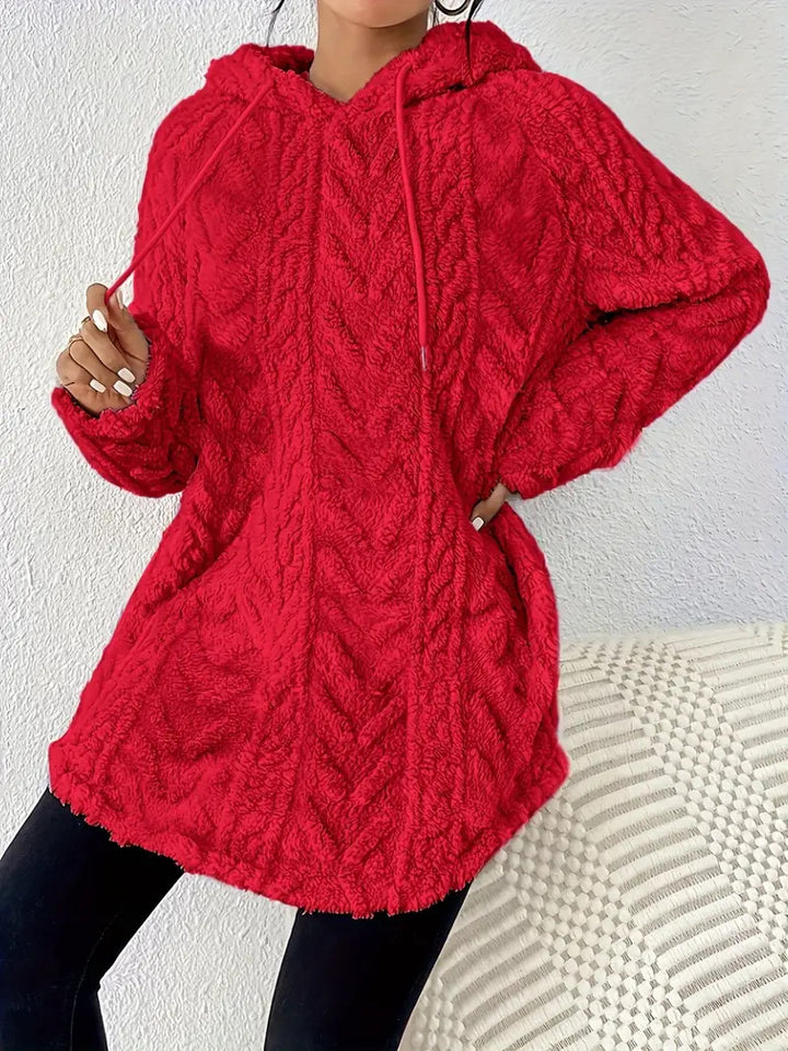 Women's cozy hooded jacket made of teddy fleece with cable pattern and gathered hem Mune Fashion